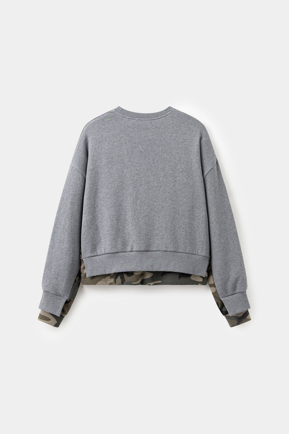 Back view of the grey marl crewneck, with the camo underlayer running below the hem.
