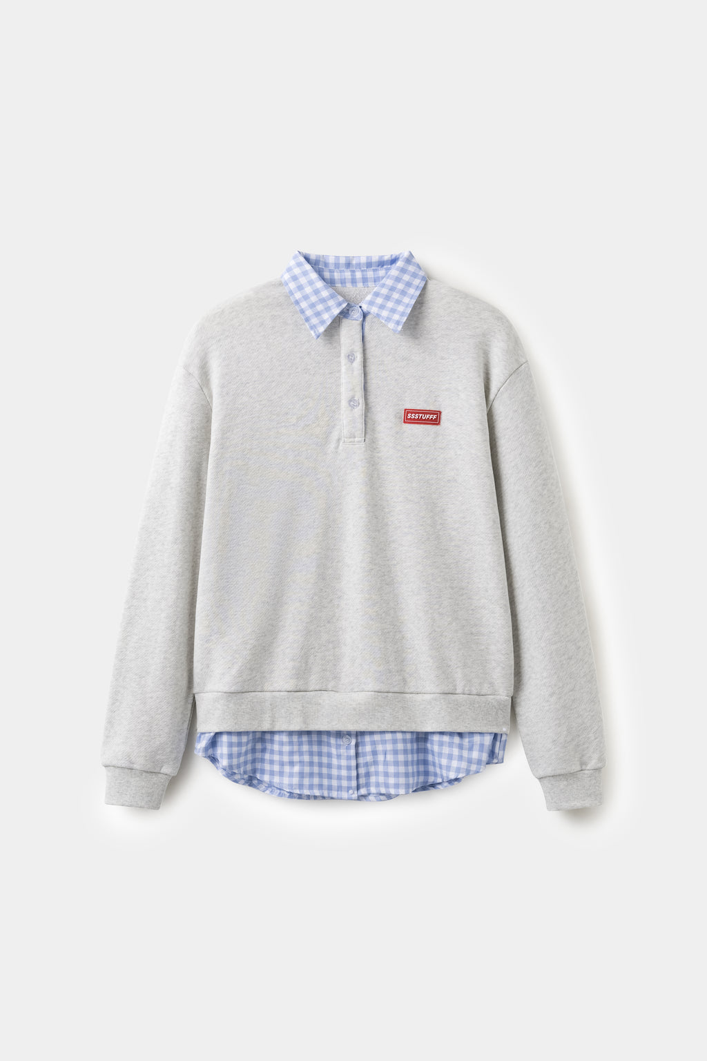 Layered Shirt Crewneck in grey marl, spliced with a blue gingham shirt collar and hem.