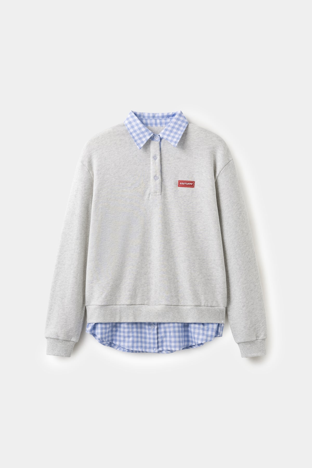 Layered Shirt Crewneck in grey marl, spliced with a blue gingham shirt collar and hem.