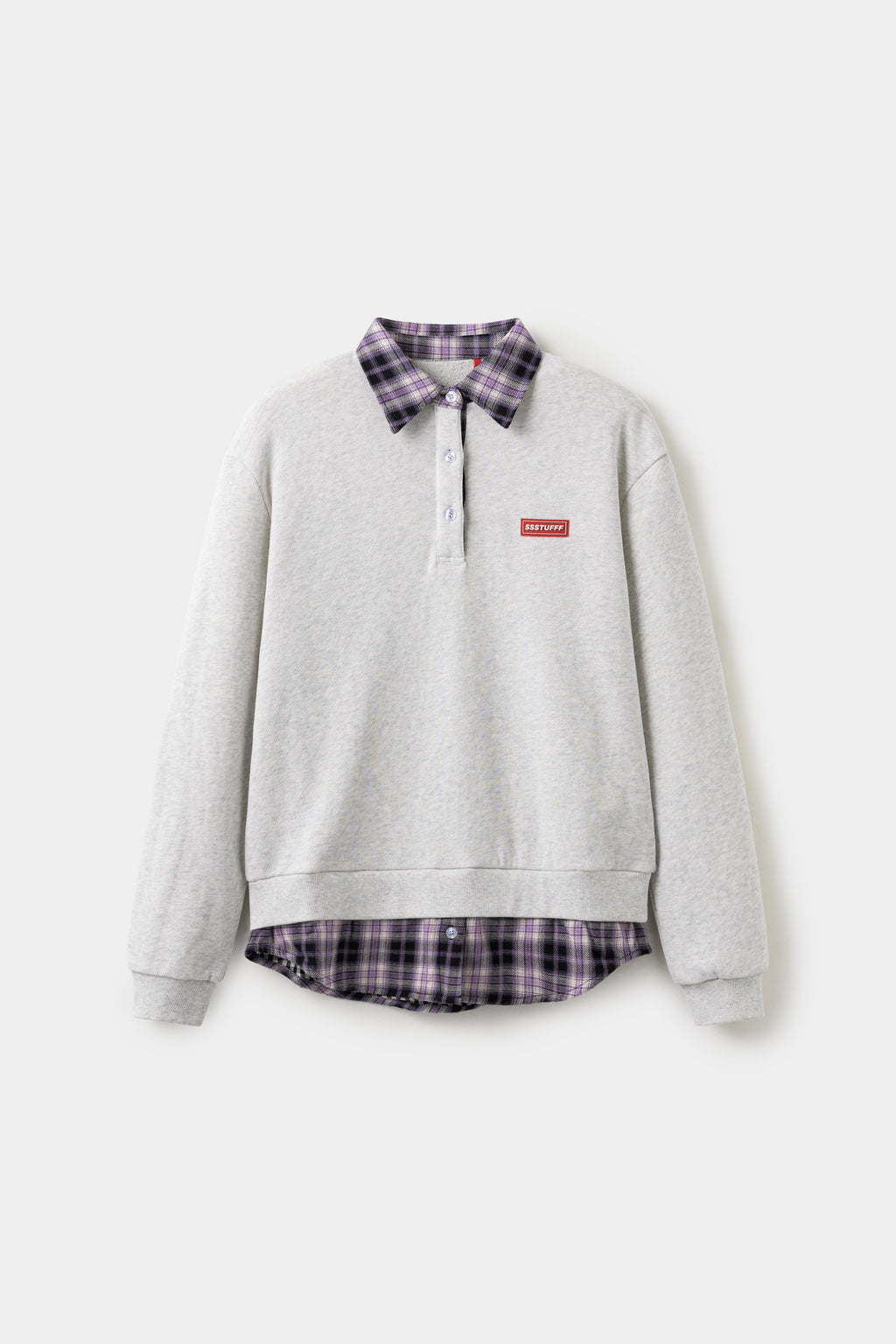 Layered Shirt Crewneck in oatmeal marl, spliced with a purple checked shirt collar and hem.