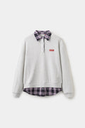 Layered Shirt Crewneck in oatmeal marl, spliced with a purple checked shirt collar and hem.