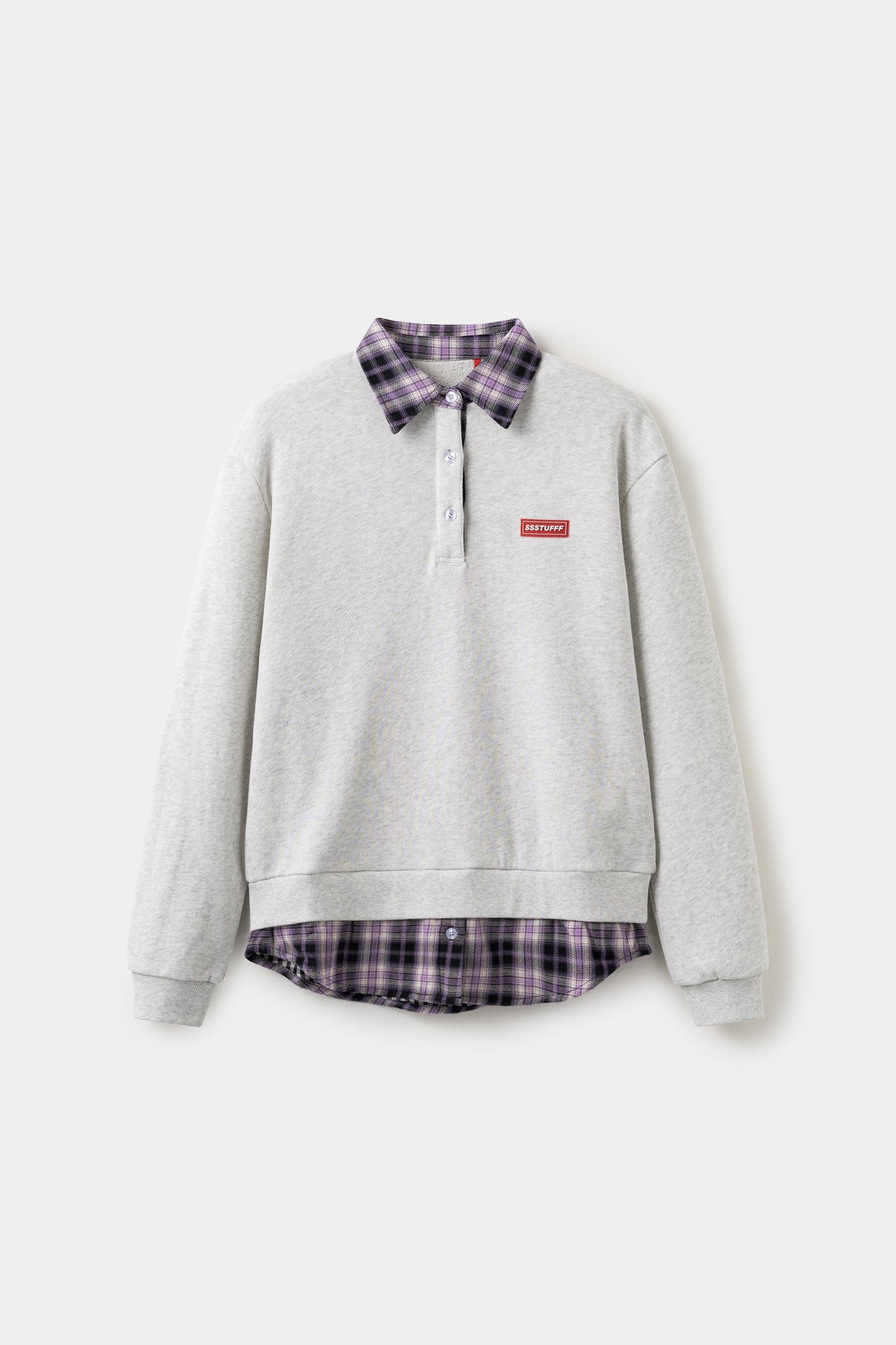 Layered Shirt Crewneck in oatmeal marl, spliced with a purple checked shirt collar and hem.