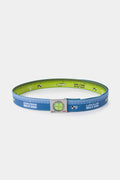 Swappable Level and Ruler Belt coiled into a ring, printed with a ruler scale and fitted with one of its two interchangeable spirit level buckles.