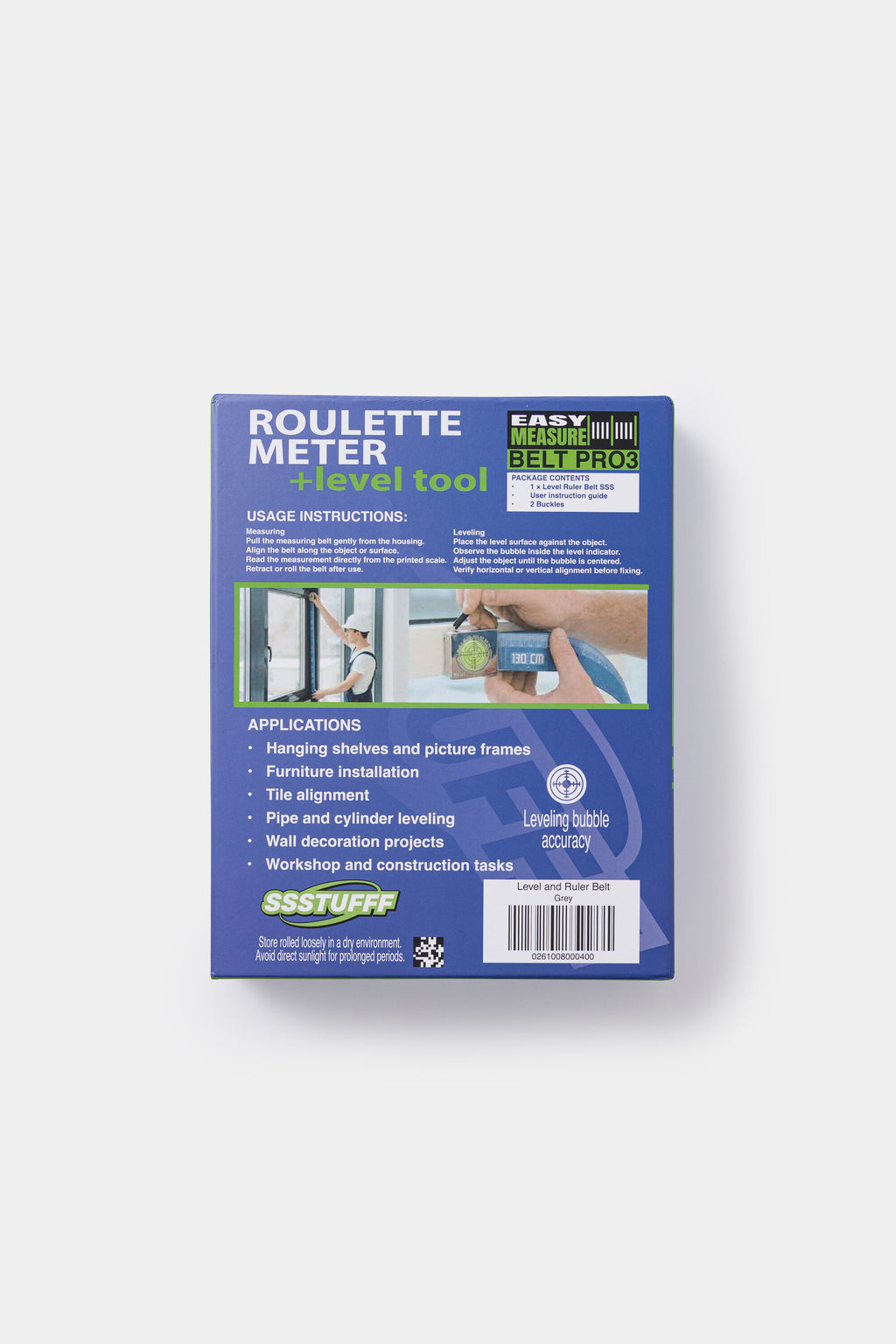 Back of the box, with the ROULETTE METER usage instructions and the list of applications.