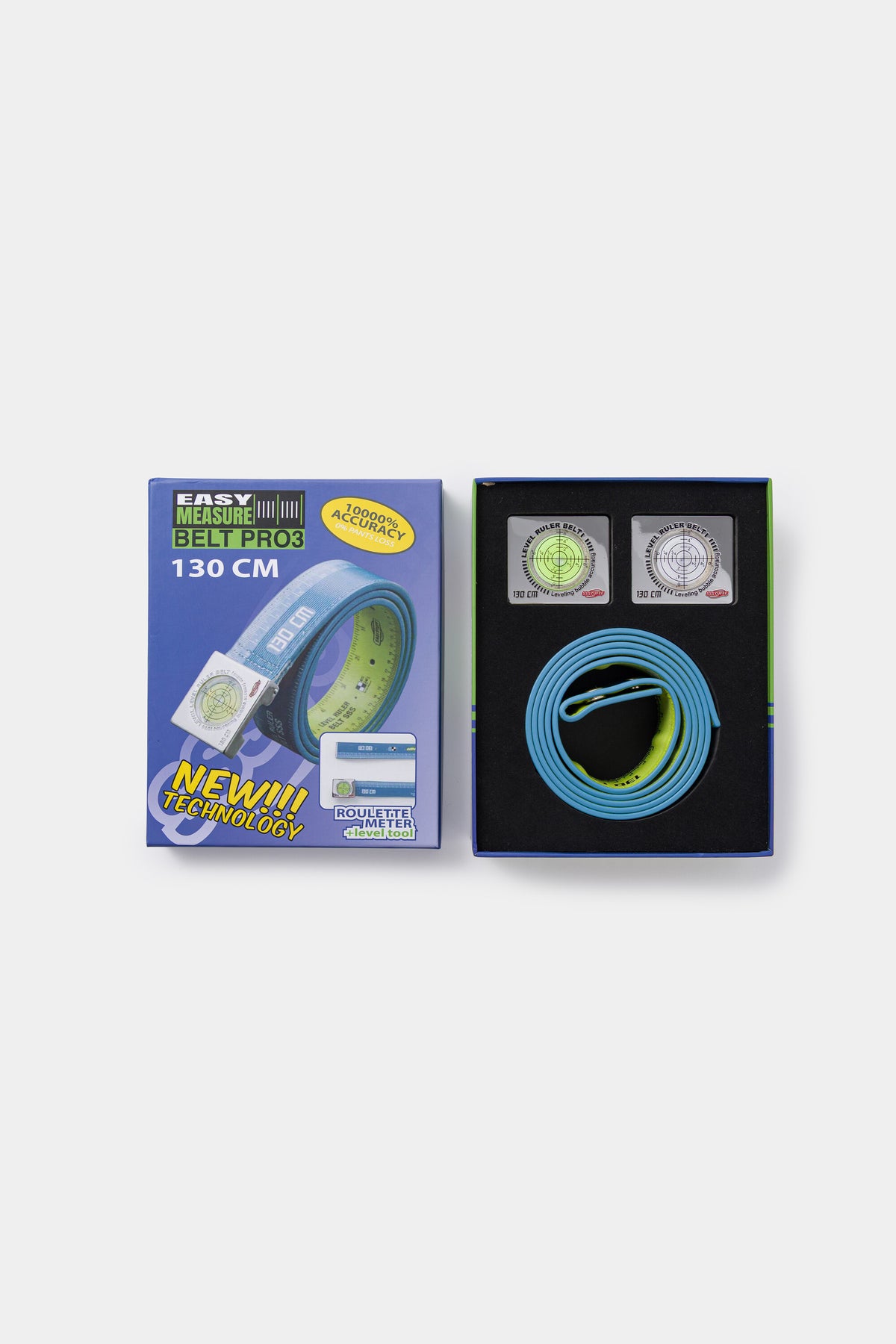 The box beside the open presentation case, with both buckles and the coiled belt inside.