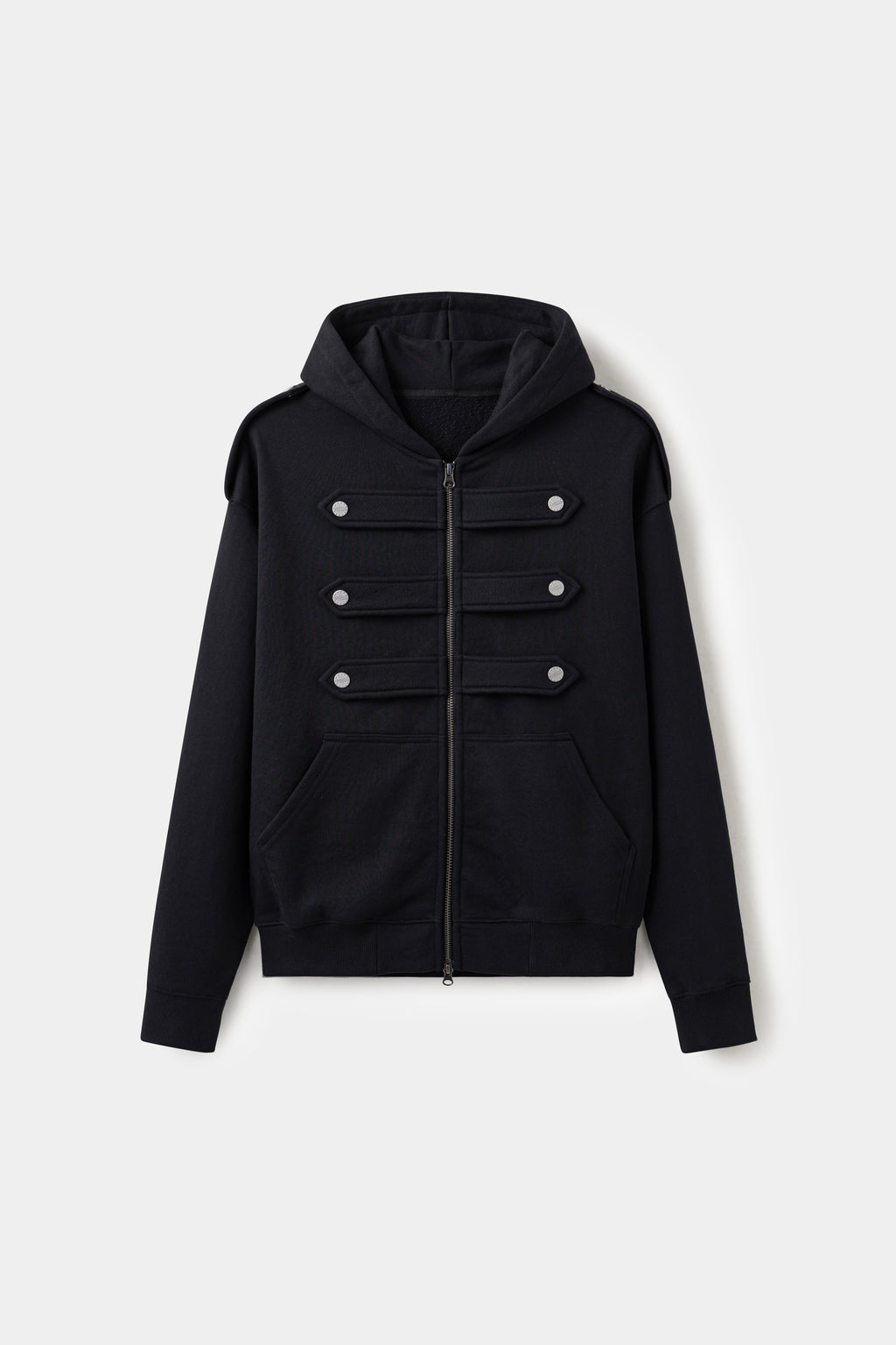 Lobby Boy Hoodie in black, with concierge chest closures and shoulder epaulettes.