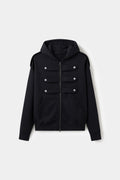 Lobby Boy Hoodie in black, with concierge chest closures and shoulder epaulettes.