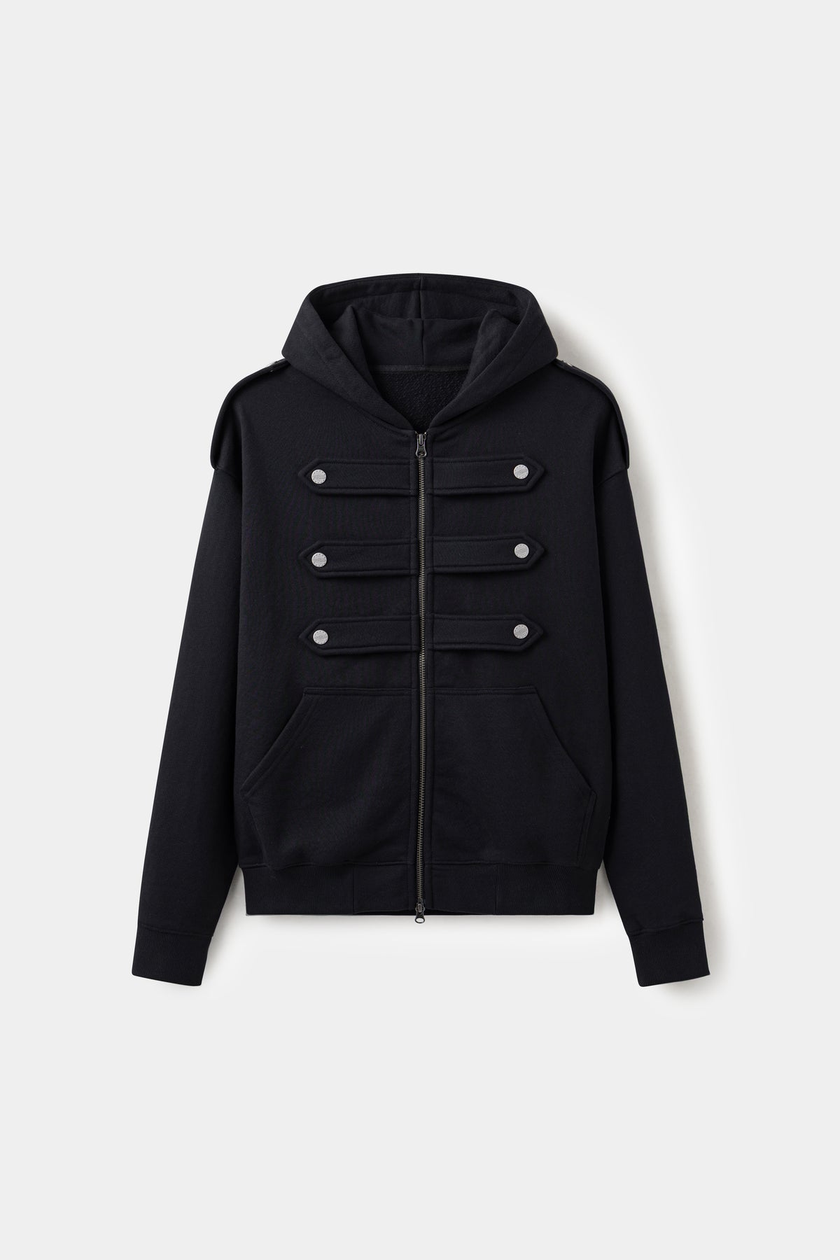 Lobby Boy Hoodie in black, with concierge chest closures and shoulder epaulettes.