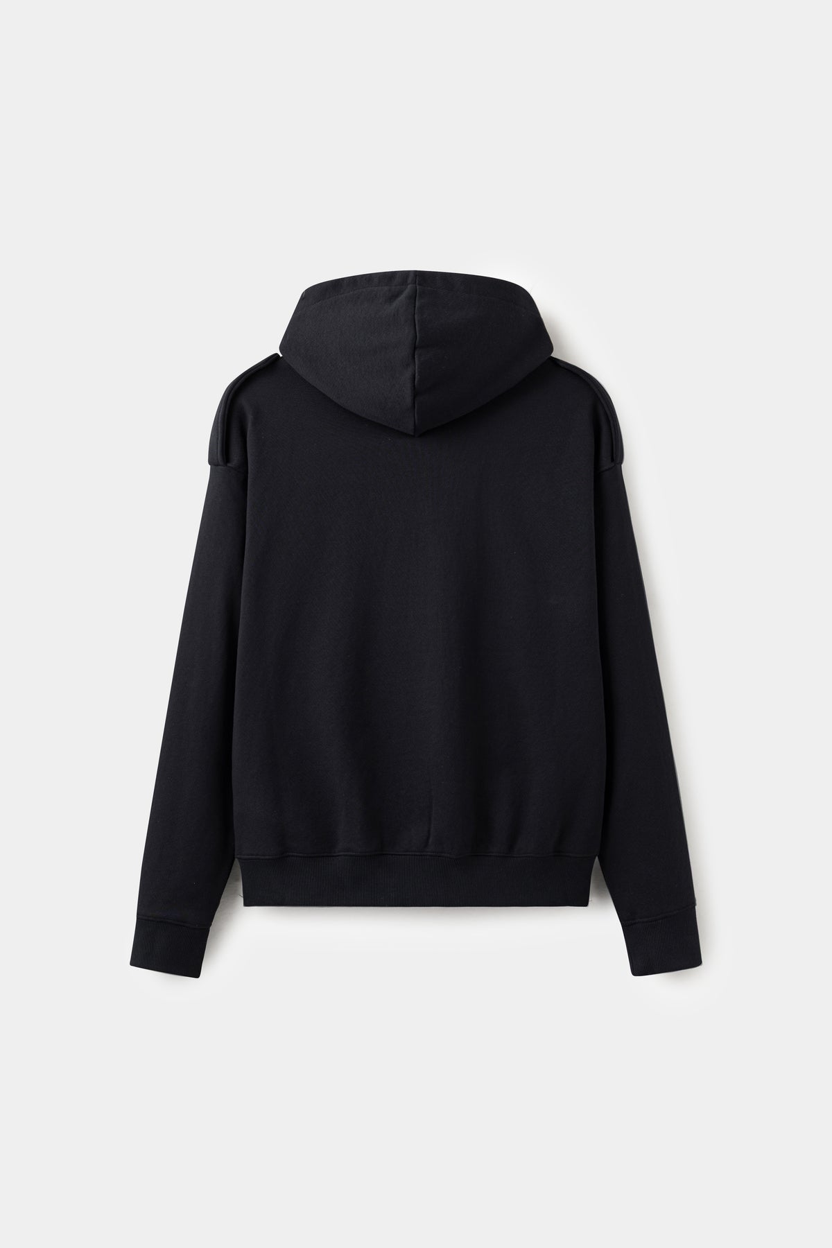 Back view of the black Lobby Boy Hoodie, showing the structured shoulder line.