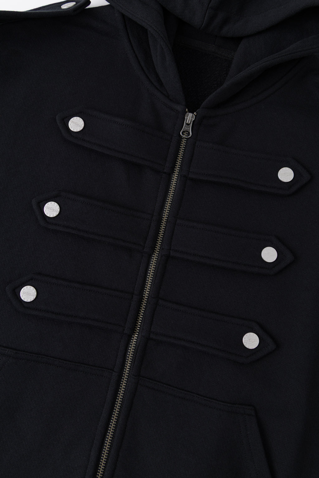 Close-up of the full-length zip running between the black marching-band closures.