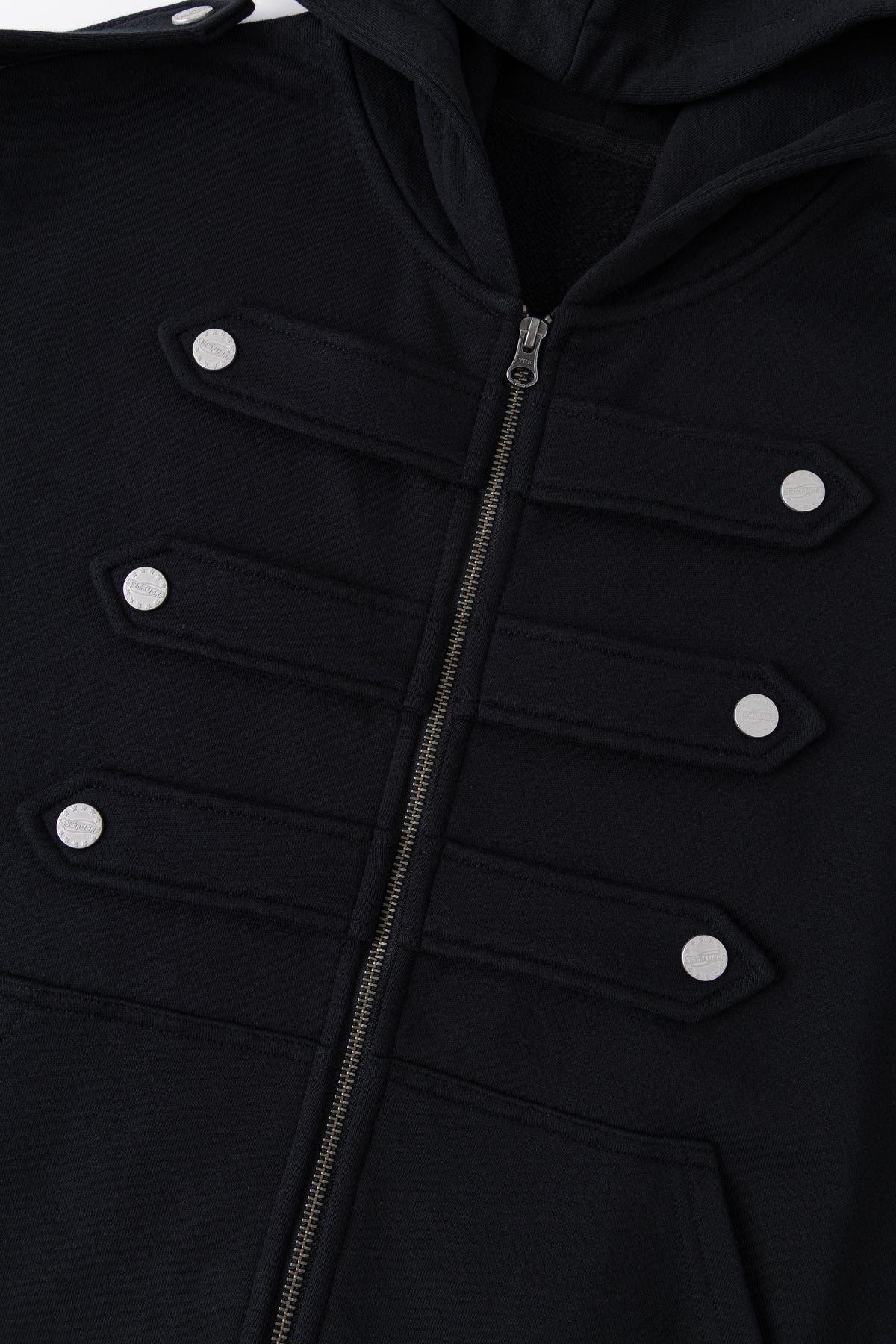 Close-up of the full-length zip running between the black marching-band closures.
