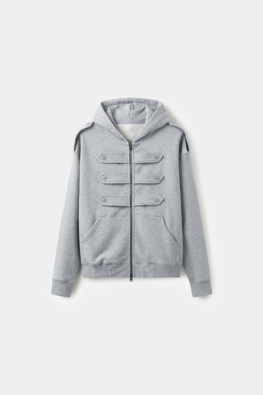 Lobby Boy Hoodie in grey marl, with concierge chest closures and shoulder epaulettes.