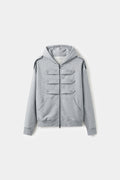 Lobby Boy Hoodie in grey marl, with concierge chest closures and shoulder epaulettes.
