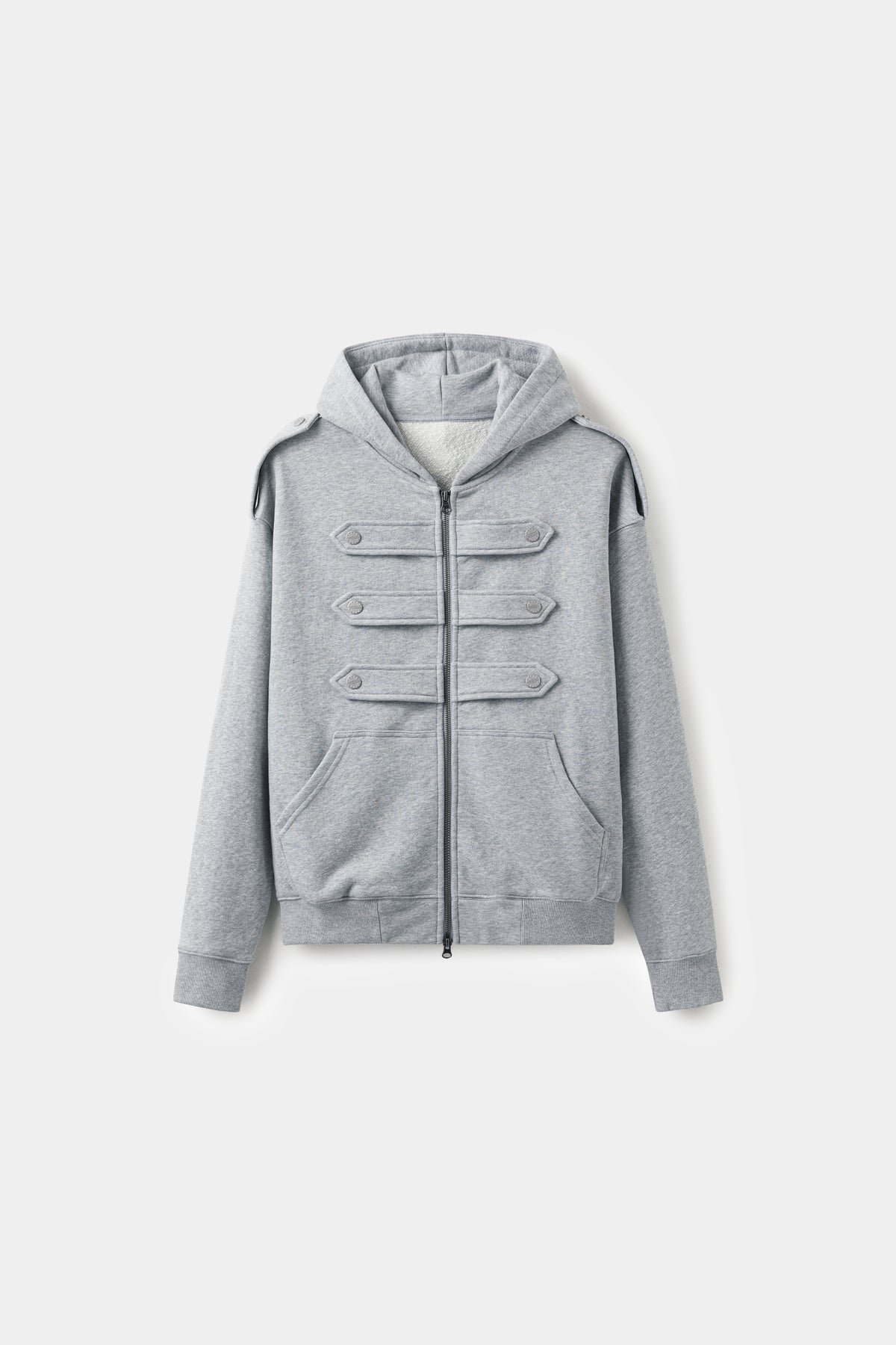 Lobby Boy Hoodie in grey marl, with concierge chest closures and shoulder epaulettes.