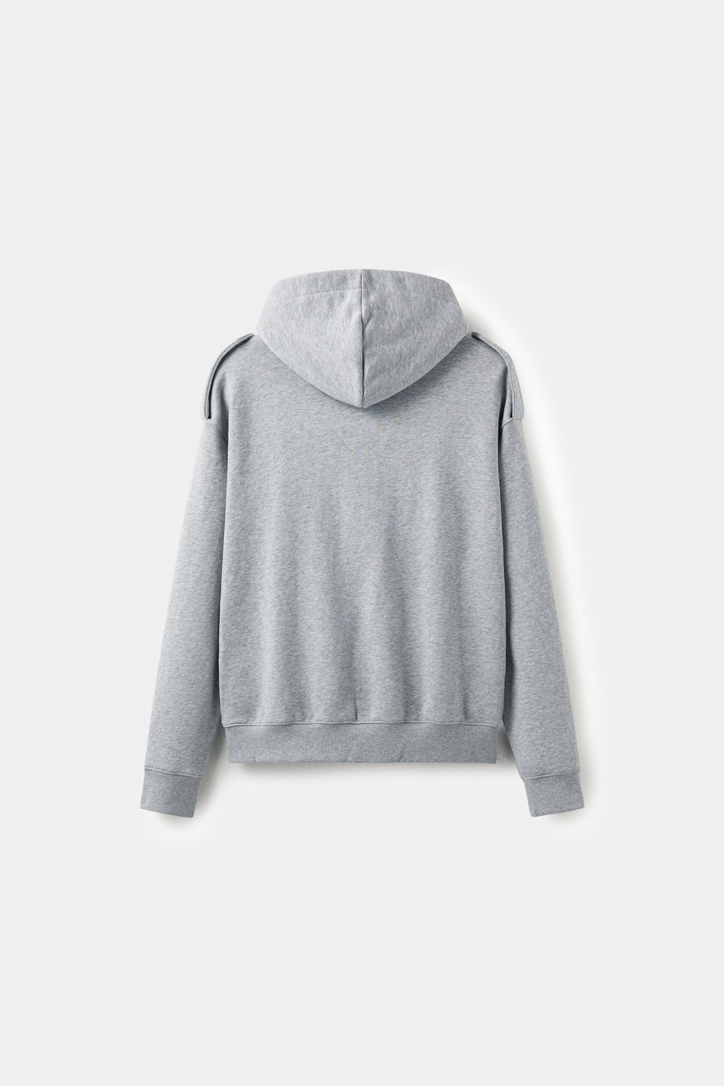 Back view of the grey Lobby Boy Hoodie, showing the structured shoulder line.