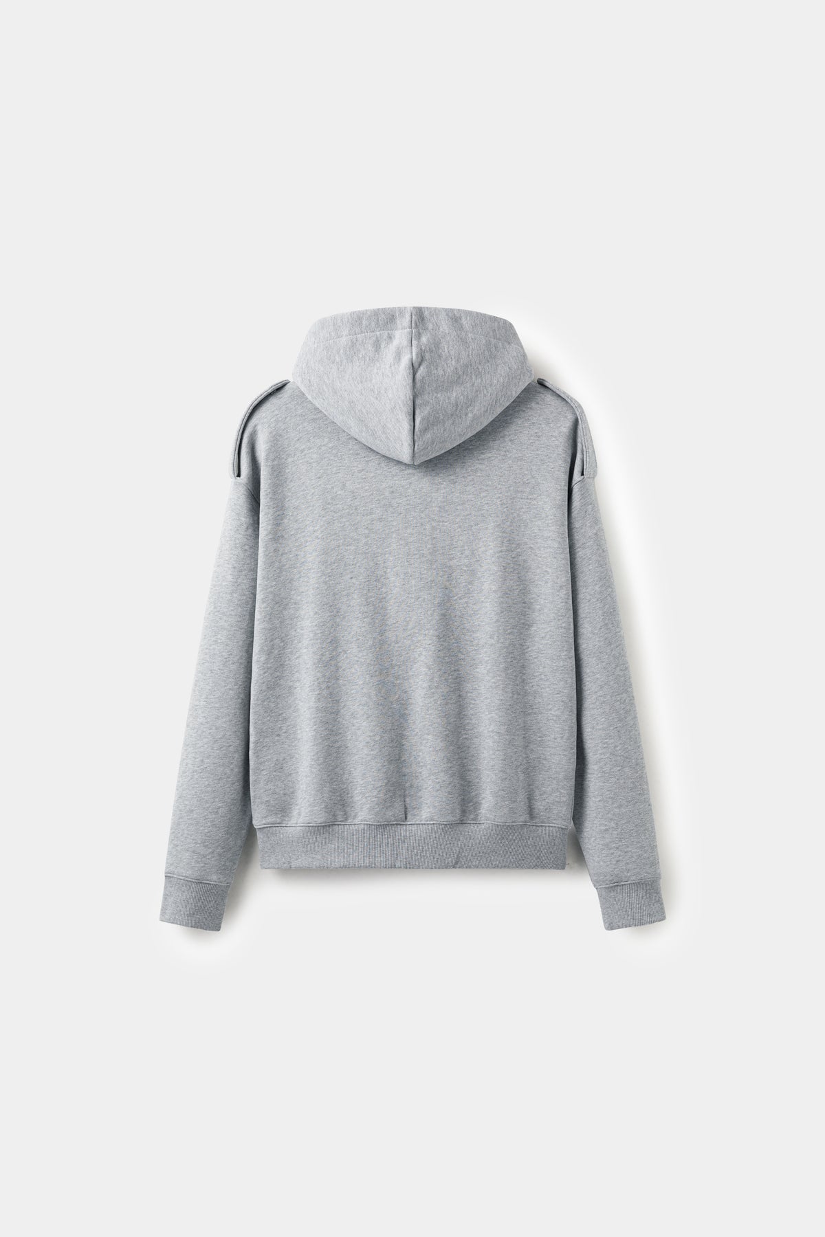 Back view of the grey Lobby Boy Hoodie, showing the structured shoulder line.
