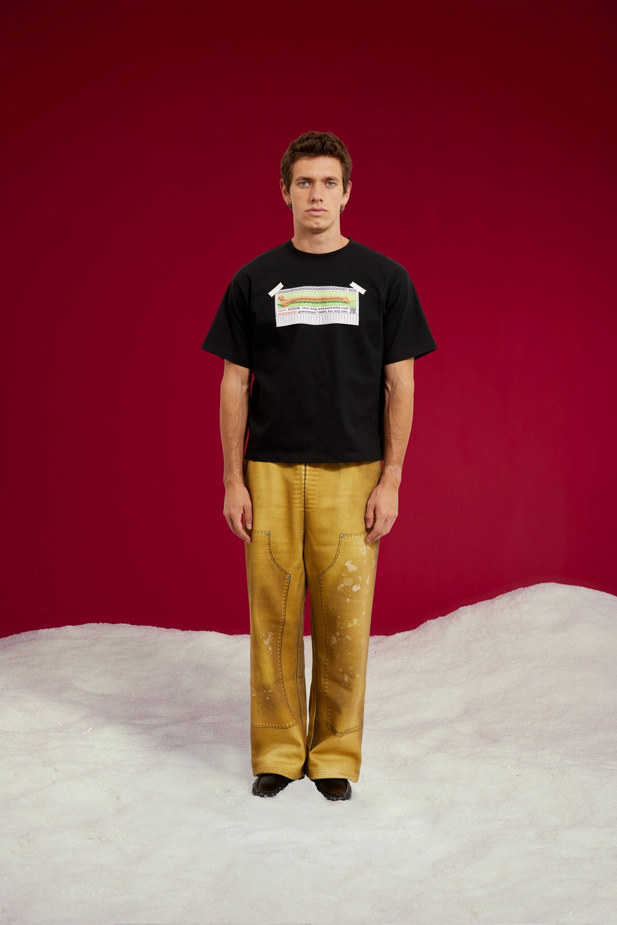 Lost Dog Tee in black, printed with a lost dog poster box logo at the chest. Worn on a model, full-length front view.