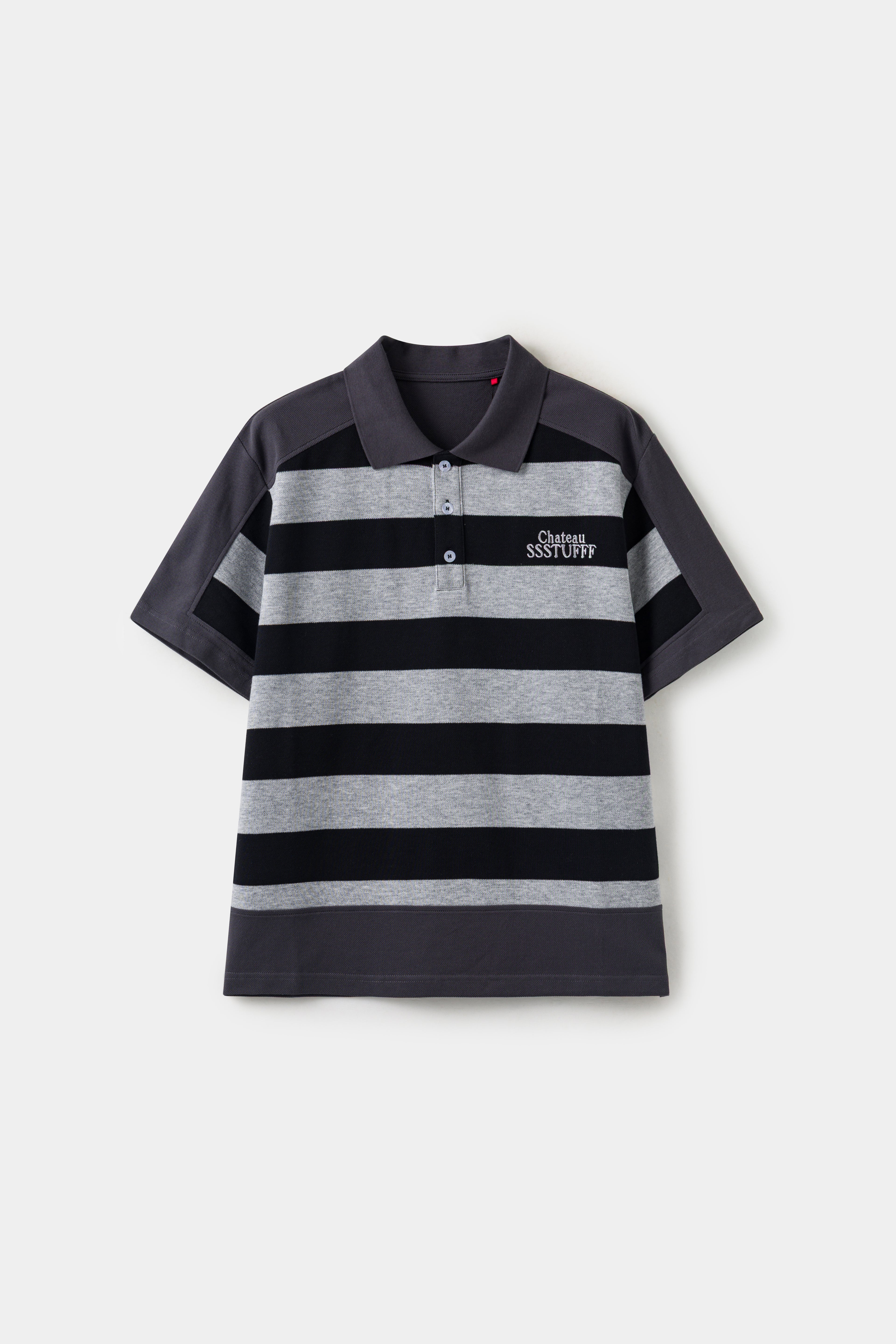 M. Gustave Layered Striped Polo, black and grey prison stripes laid over a solid charcoal polo body, with a Chateau SSSTUFFF chest embroidery.