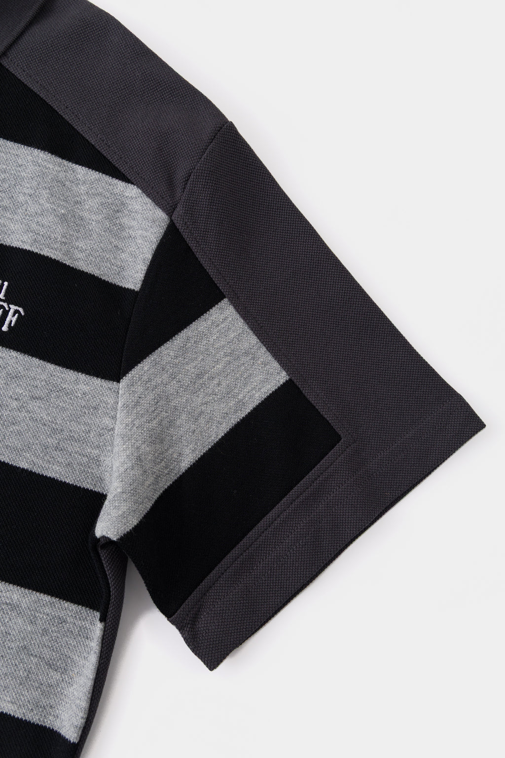 Close-up of the sleeve, where the striped layer ends and the solid charcoal sleeve continues.