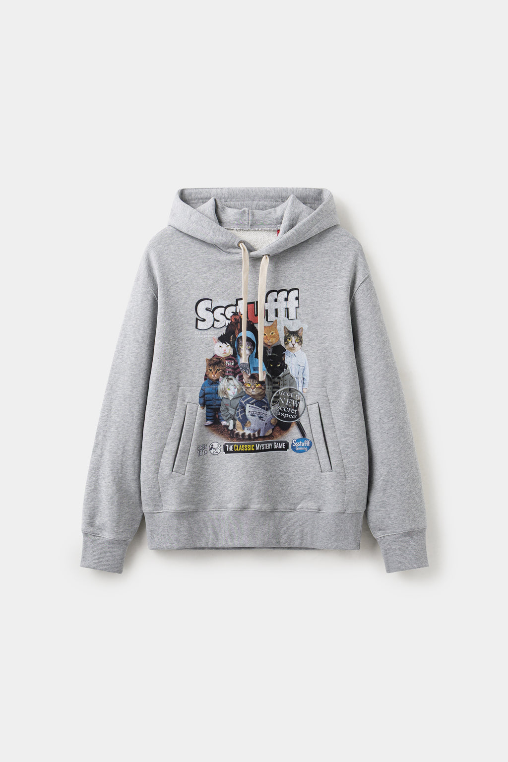 Mystery Cats Hoodie in grey marl, printed with the whole cast of the case redrawn as cats.