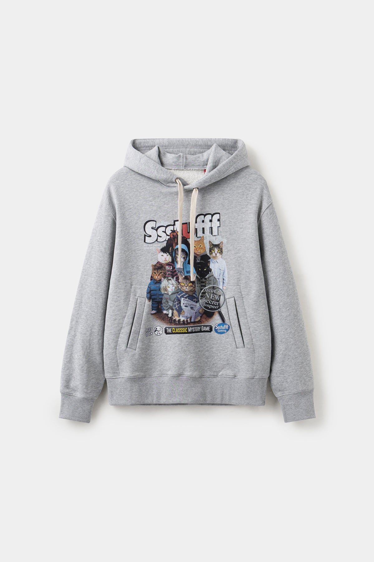 Mystery Cats Hoodie in grey marl, printed with the whole cast of the case redrawn as cats.