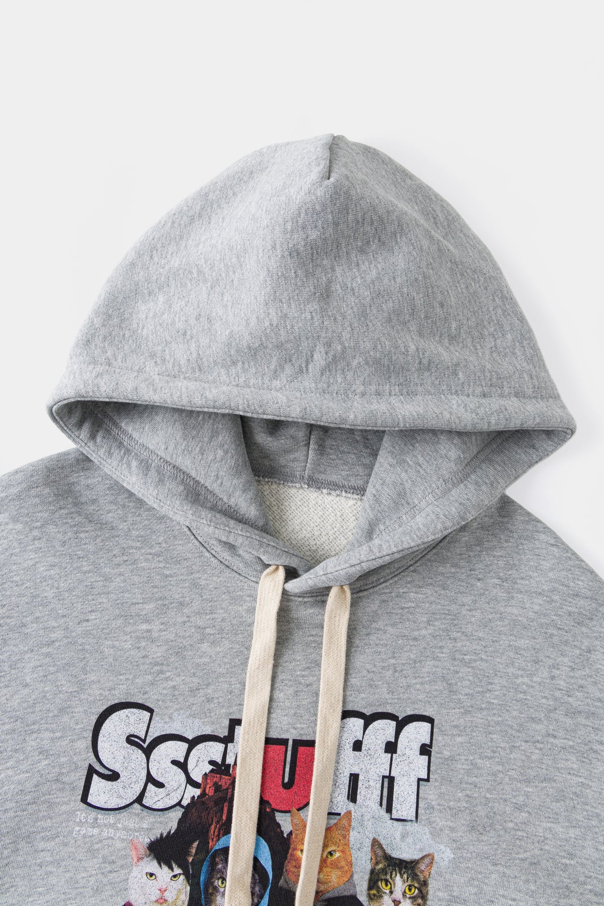 Close-up of the hood, natural drawcords and the top of the chest print.