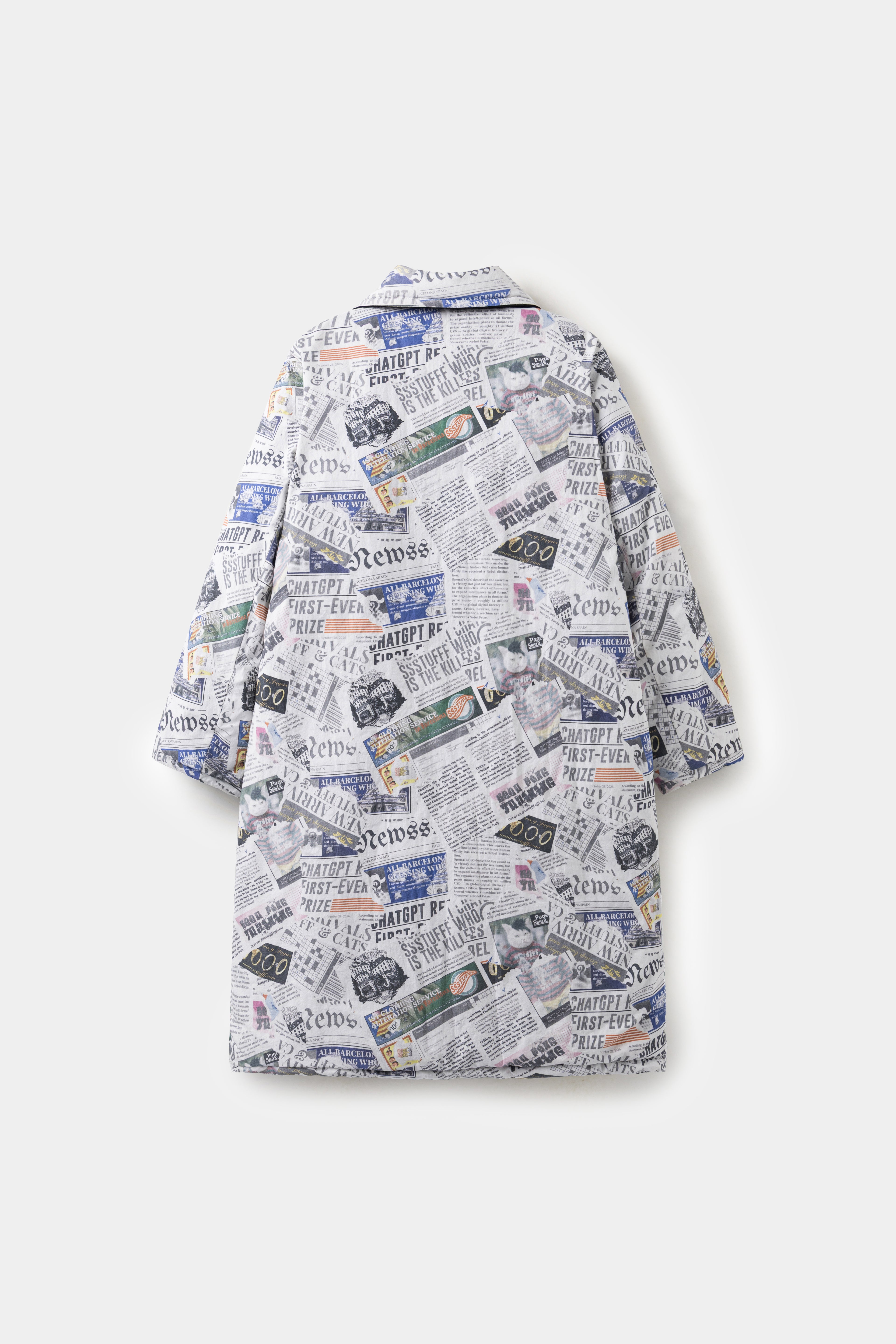 Back view of the coat on the newspaper print side.