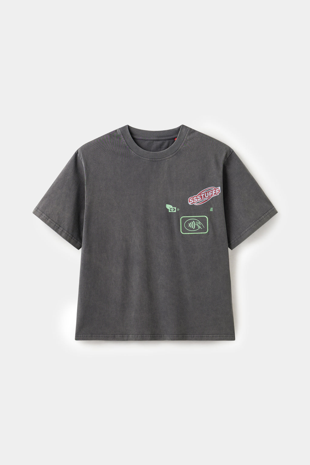 NFC ATM Tee in washed charcoal, with a contactless payment graphic at the chest.