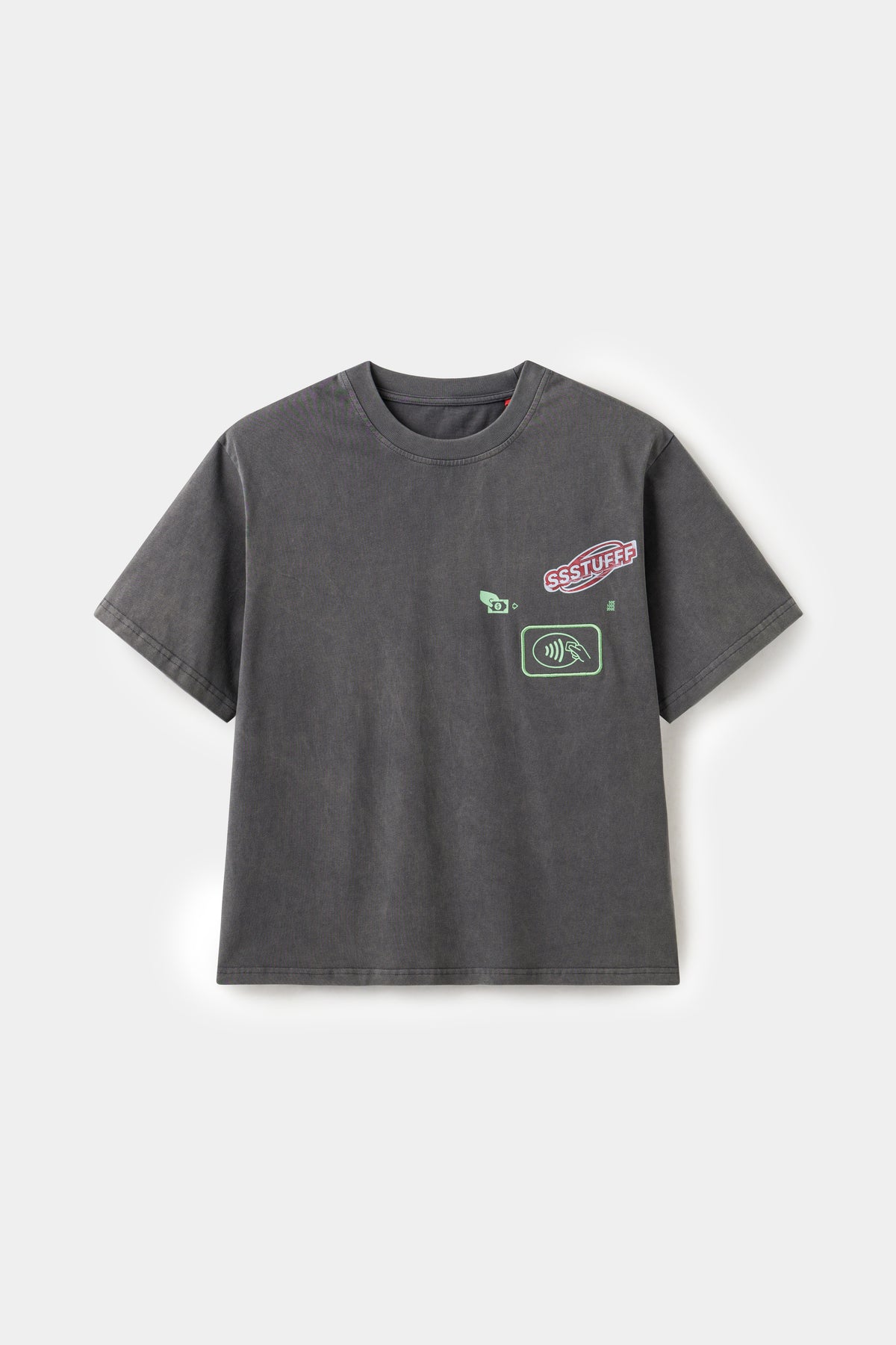 NFC ATM Tee in washed charcoal, with a contactless payment graphic at the chest.