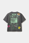 Back view of the charcoal NFC ATM Tee, printed with a full ATM interface in green.
