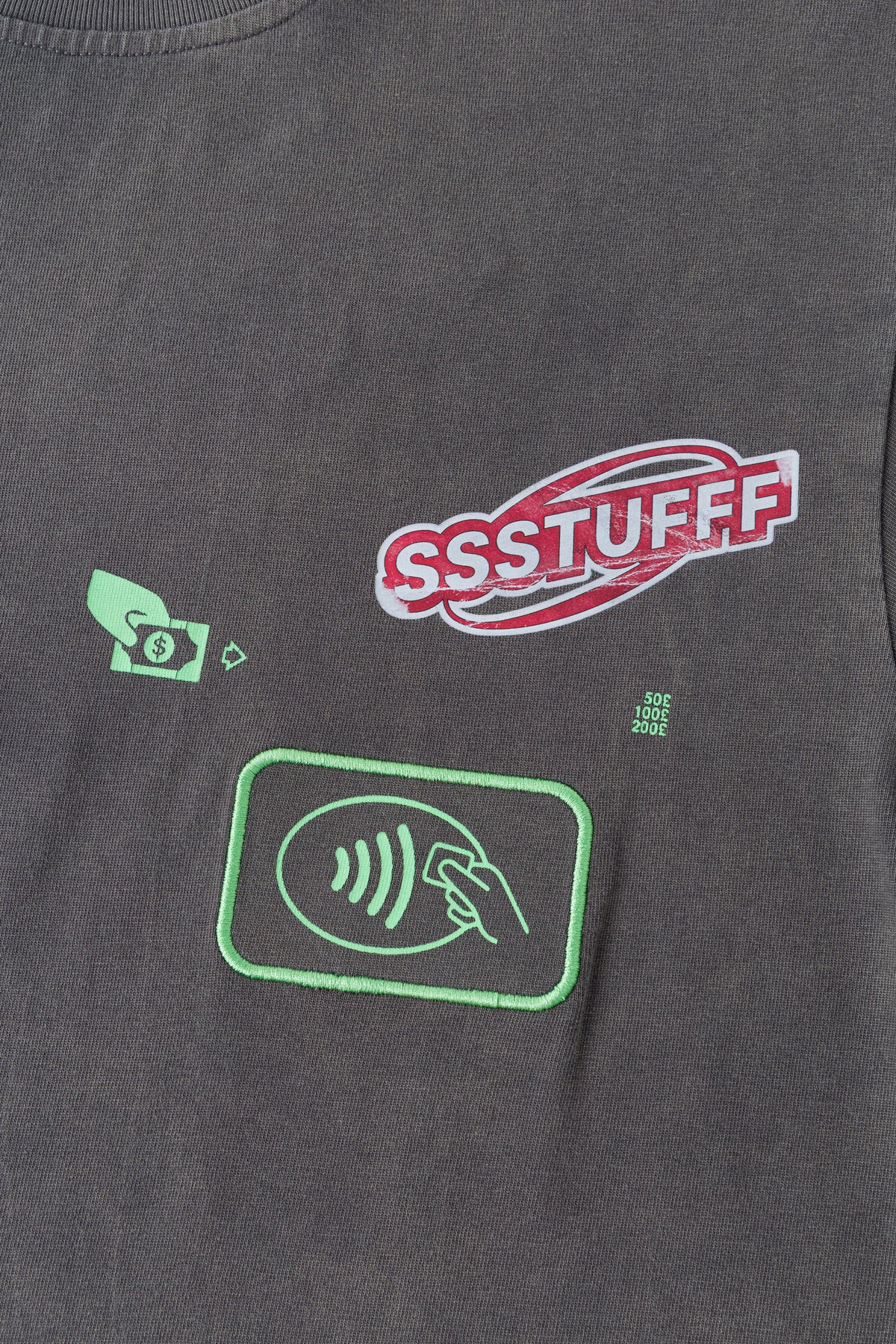 Detail of the SSSTUFFF logo and the tap-to-pay panel where the NFC tag sits.