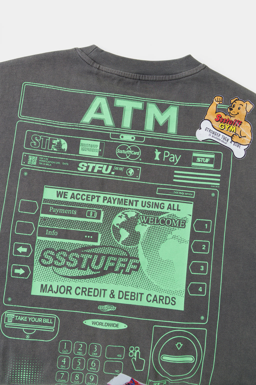 Close-up of the printed ATM screen on the back, covered in stickers.