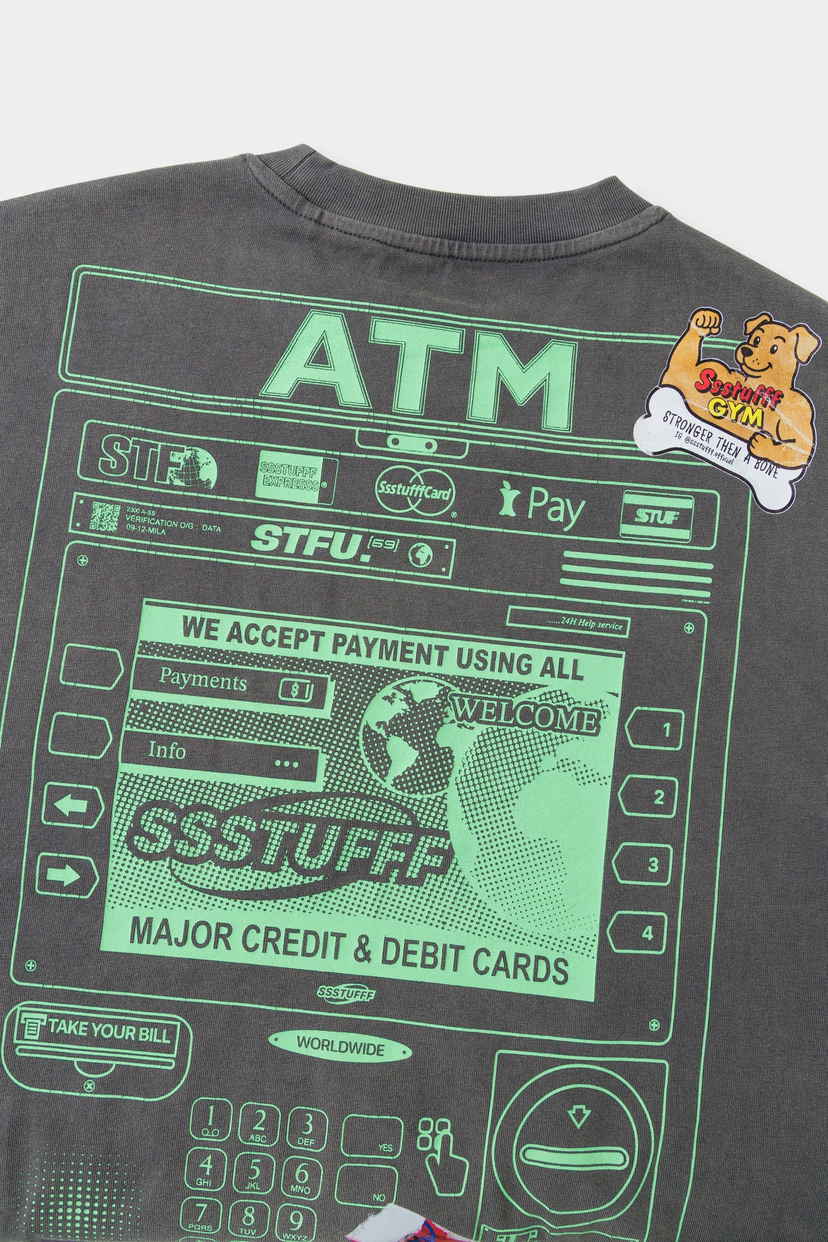 Close-up of the printed ATM screen on the back, covered in stickers.