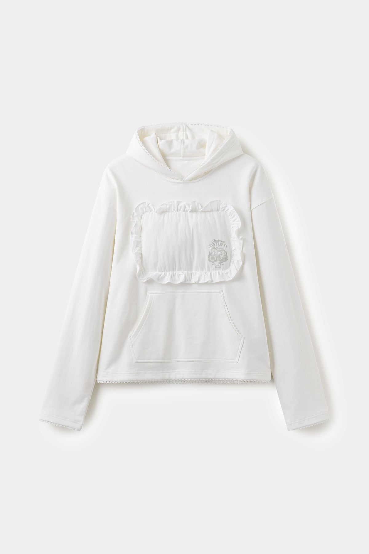 Pillow Hoodie in off-white, with a padded pillow patch sewn onto the chest.