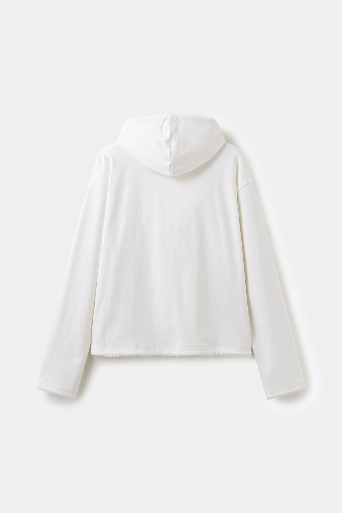 Back view of the off-white Pillow Hoodie, with lace trim at the hood and hem.