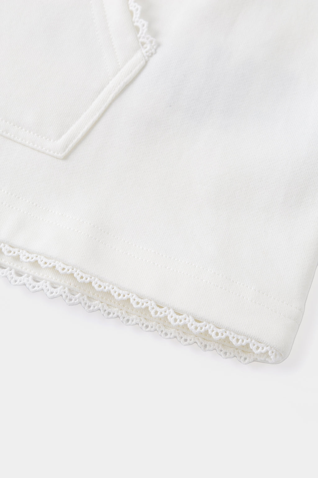 Close-up of the lace trim running along the hem.