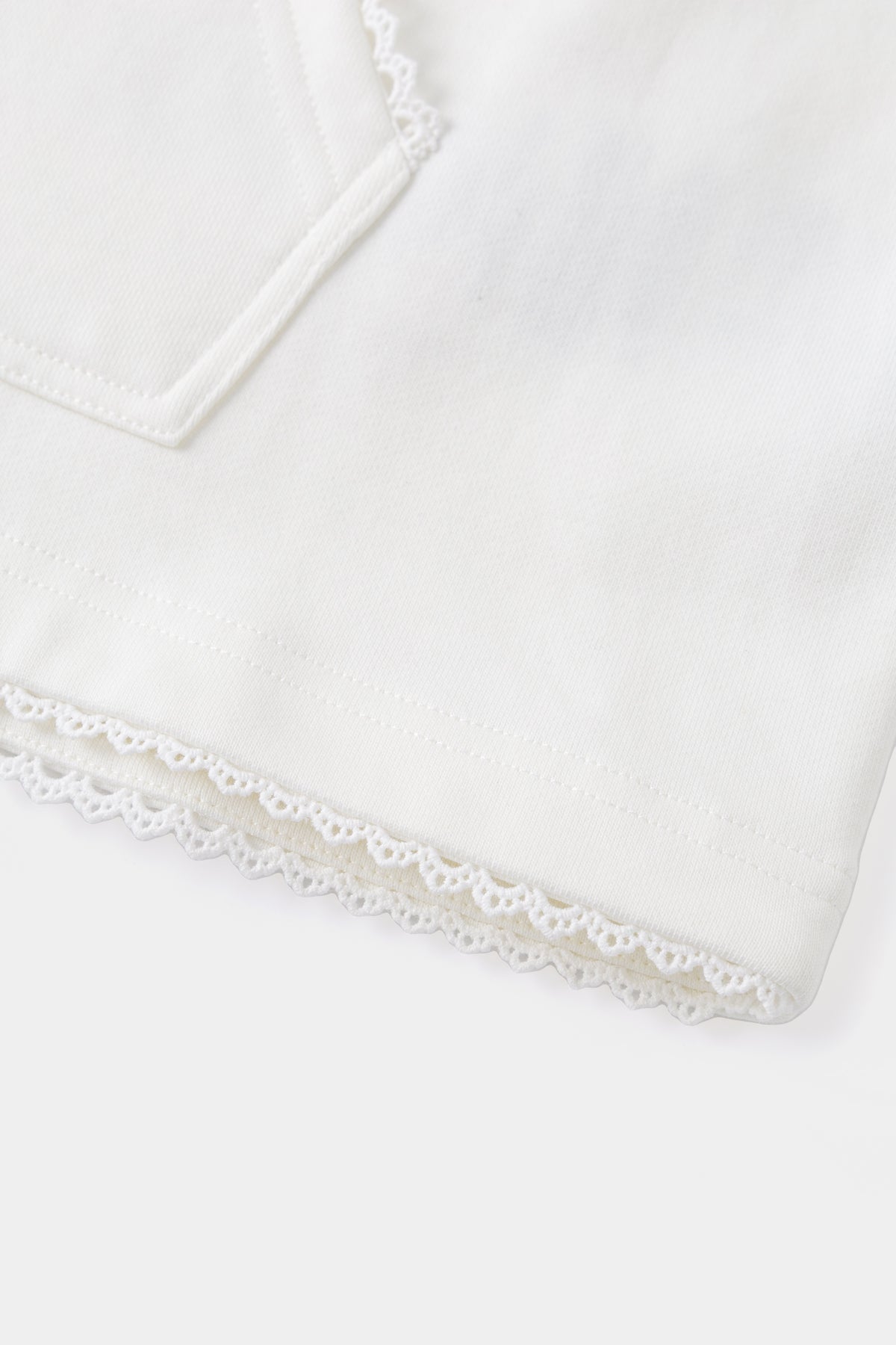 Close-up of the lace trim running along the hem.