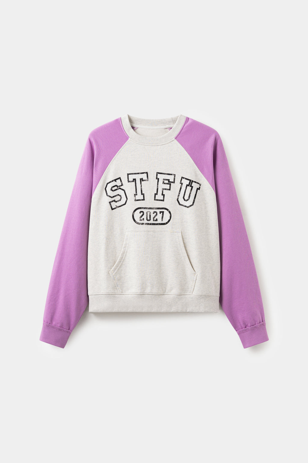 Raglan Pocket Crewneck in oatmeal marl with orchid sleeves, printed STFU 2027 at the chest.