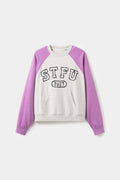 Raglan Pocket Crewneck in oatmeal marl with orchid sleeves, printed STFU 2027 at the chest.