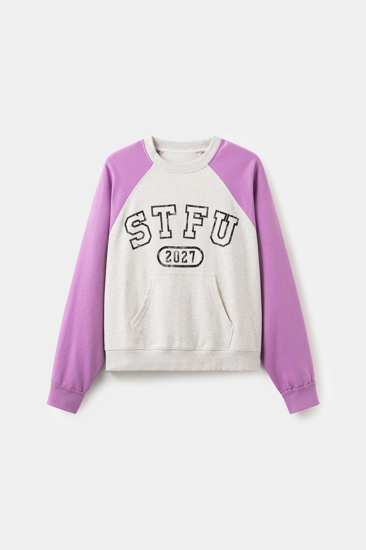 Raglan Pocket Crewneck in oatmeal marl with orchid sleeves, printed STFU 2027 at the chest.