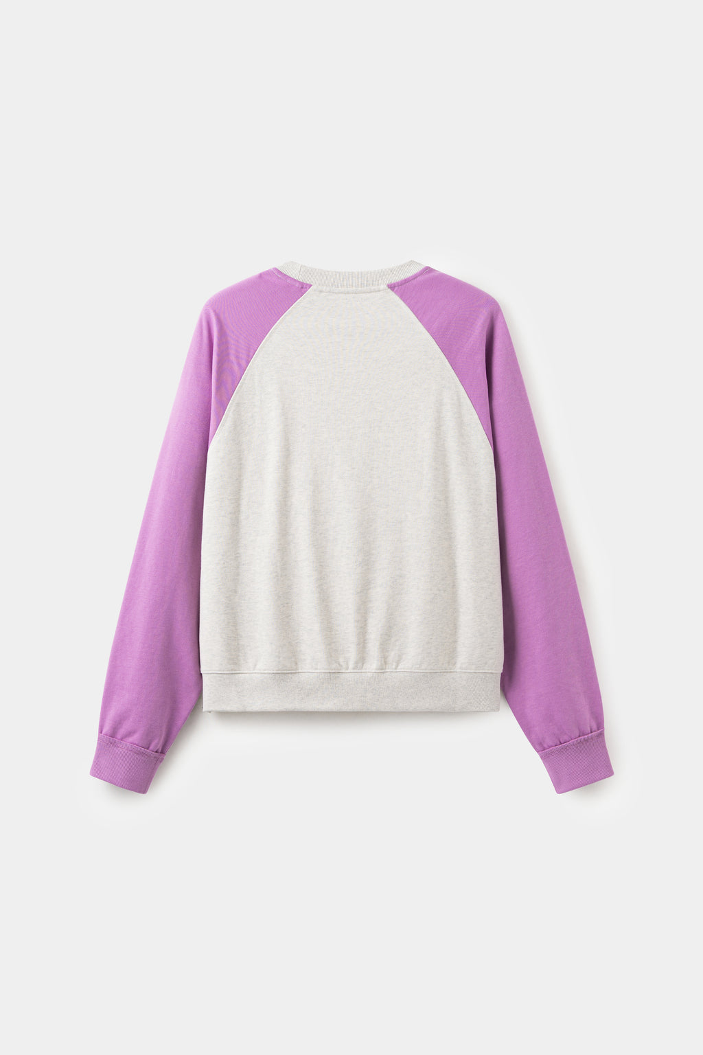 Back view of the oatmeal and orchid raglan crewneck, left plain.