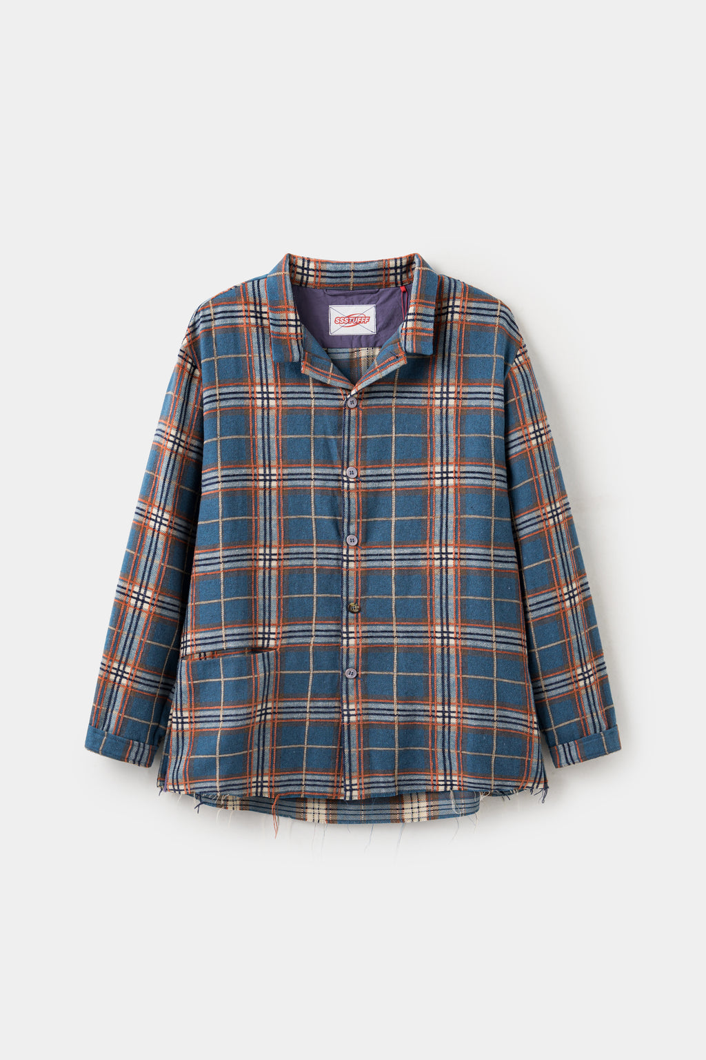 Raw Edge Plaid Shirt in blue and orange check, with every seam left unfinished.
