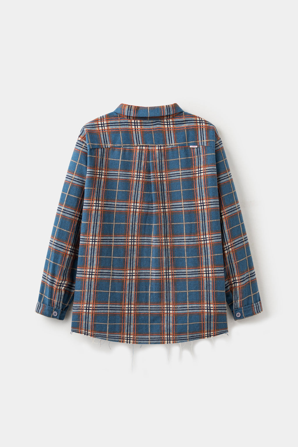 Back view of the blue plaid shirt, with raw threads hanging from the hem.
