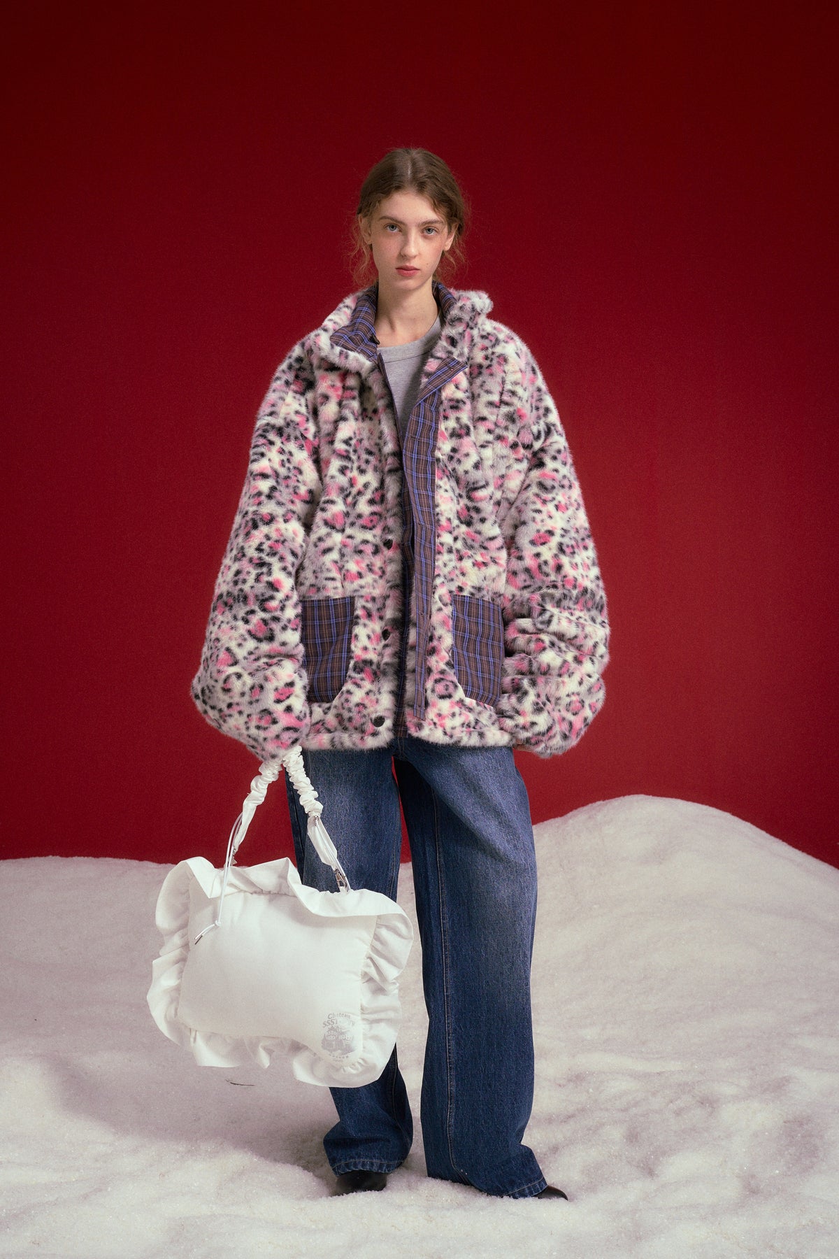Reversible Leopard Print Checkered Coat worn on a female model, leopard faux fur side out, full-length front view.