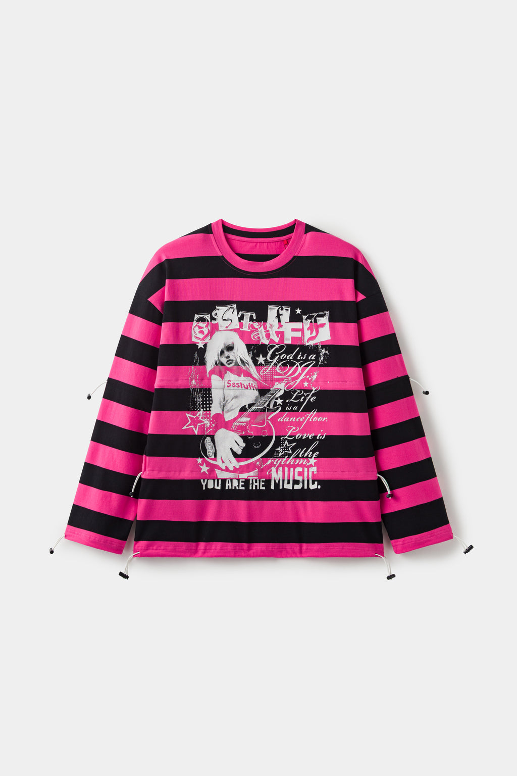 Adjustable Rock Striped L/S Tee in pink and black stripes, front view with the rock poster print at the chest.