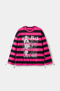 Adjustable Rock Striped L/S Tee in pink and black stripes, front view with the rock poster print at the chest.
