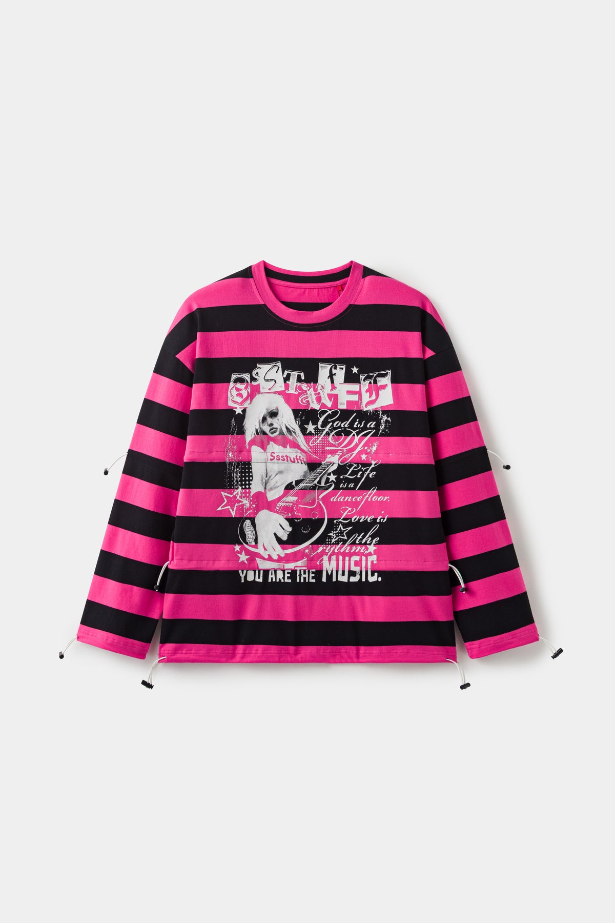 Adjustable Rock Striped L/S Tee in pink and black stripes, front view with the rock poster print at the chest.