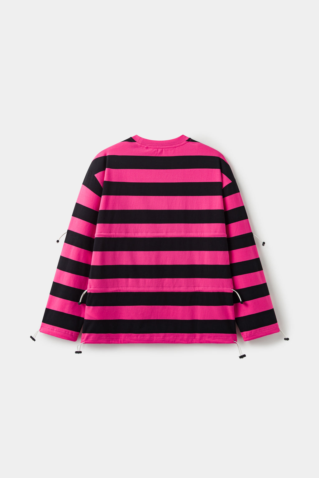Back view of the striped long sleeve tee, plain stripes with no print.