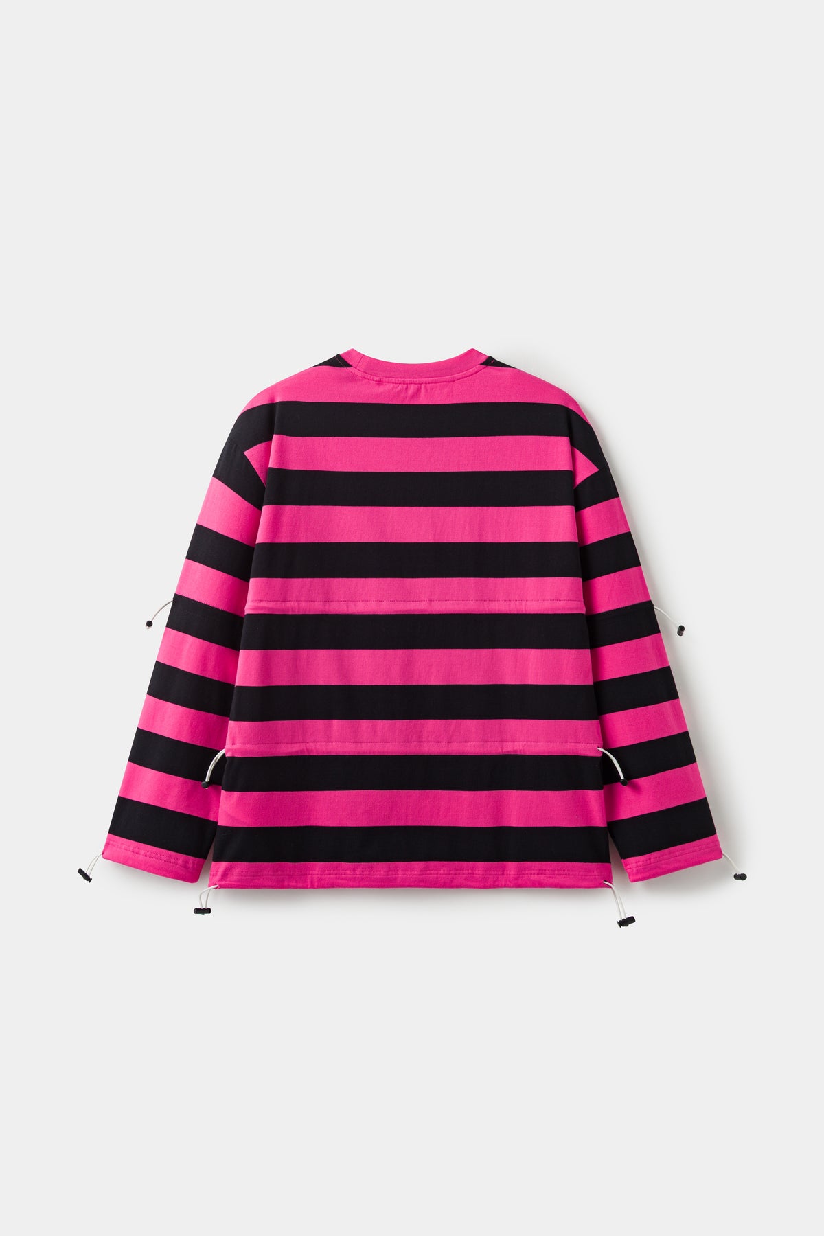 Back view of the striped long sleeve tee, plain stripes with no print.