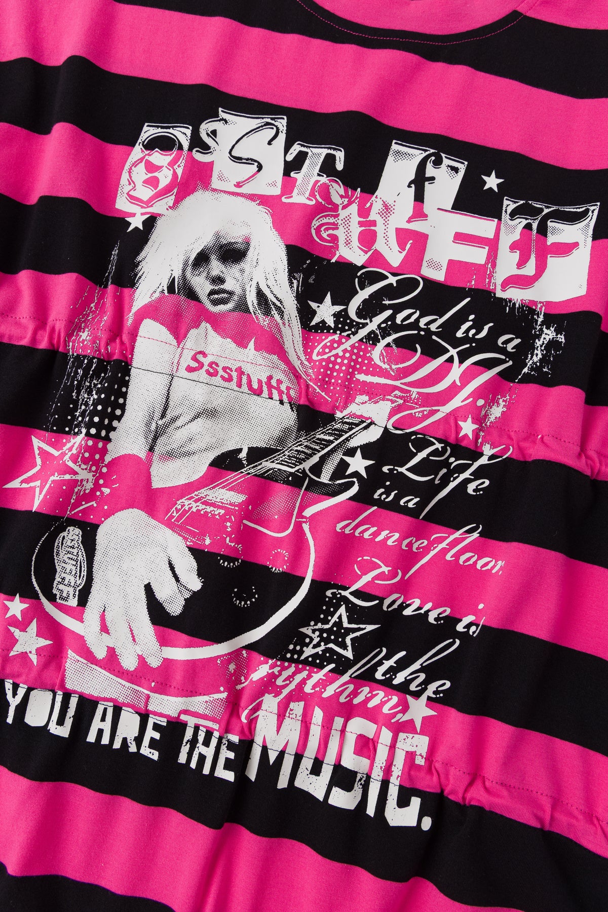Detail of the rock poster print, SSSTUFFF lettering over a photographic portrait.